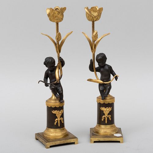 Pair of Regency Gilt-Bronze-Mounted Candlesticks with Putti Supports