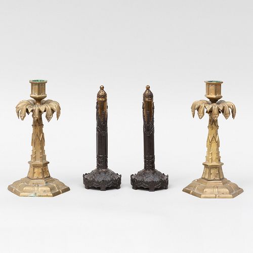 Pair of Victorian Neo-Gothic Patinated-Metal Fan Holders and a Pair of Victorian Neo-Gothic Gilt-Bronze Candlesticks