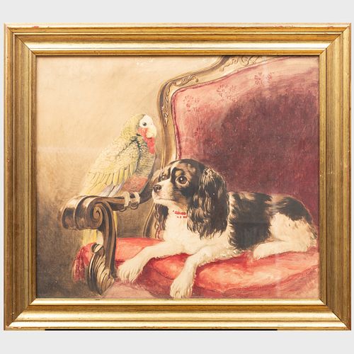 English School: Spaniel and Parrot