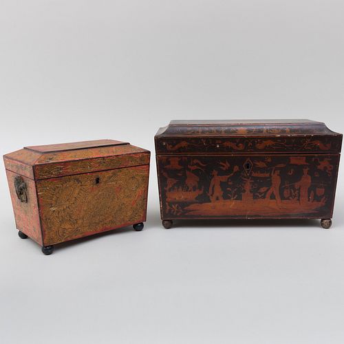 Regency Chinoiserie Painted Tea Caddy and a Similar Red Painted Tea Caddy