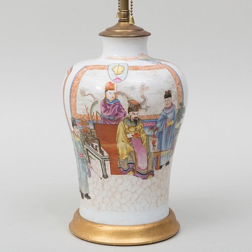 Chinese Famille Rose Porcelain Vase Decorated with Scholars Mounted as a Lamp