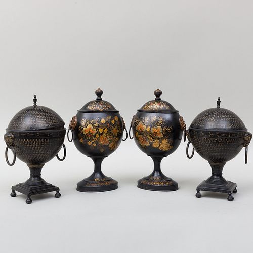 Two Pairs of English Black Painted TÃ´le Covered Urns