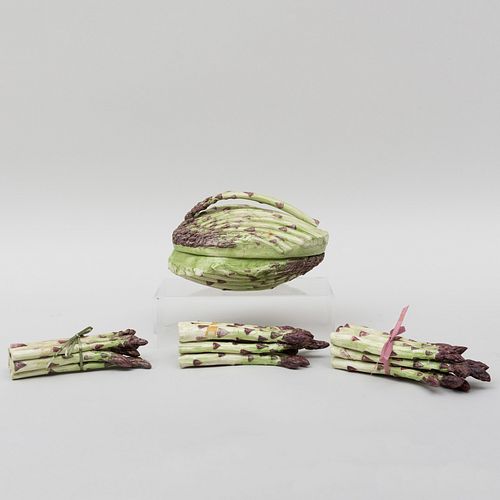 Mary Kirk Kelly Painted Porcelain Asparagus Form Box and Cover and Three Asparagus Ornaments