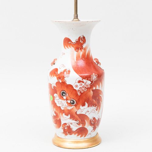 Chinese Porcelain Baluster Vase Decorated with a Buddhistic Lion Mounted as a Lamp 