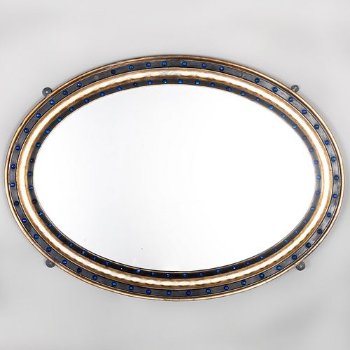 Large Irish Ebonized Parcel-Gilt and Blue Glass Oval Mirror 