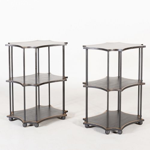 Pair of Black Painted and Parcel-Gilt Three Tier Tables, Modern