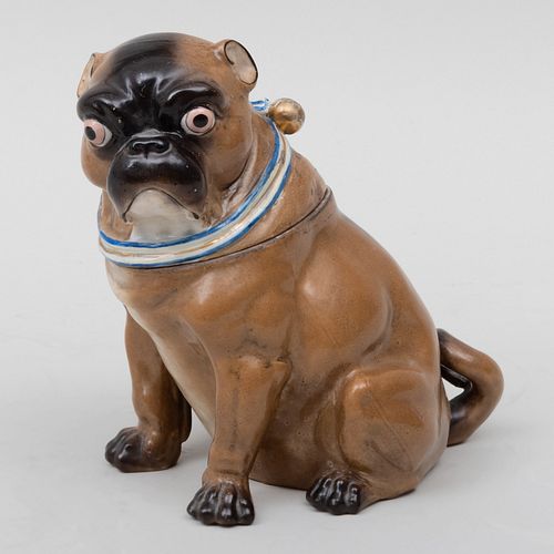Continental Porcelain Pug Form Jar and Cover