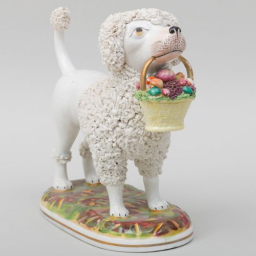 English Pottery Model of a Water Spaniel Holding a Basket