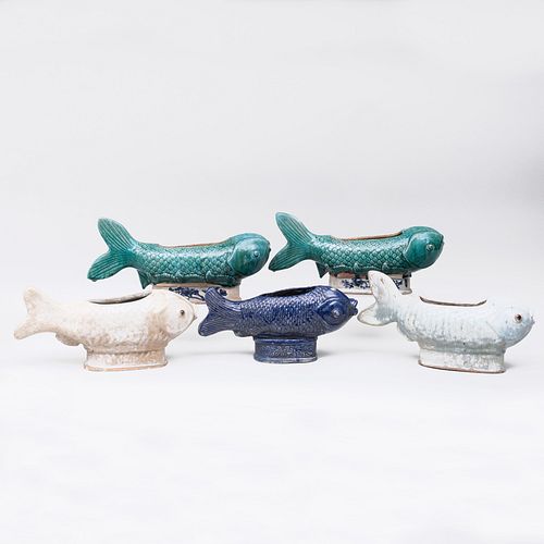 Group of Five Asian Glazed Pottery Fish Form JardinÃ¨res
