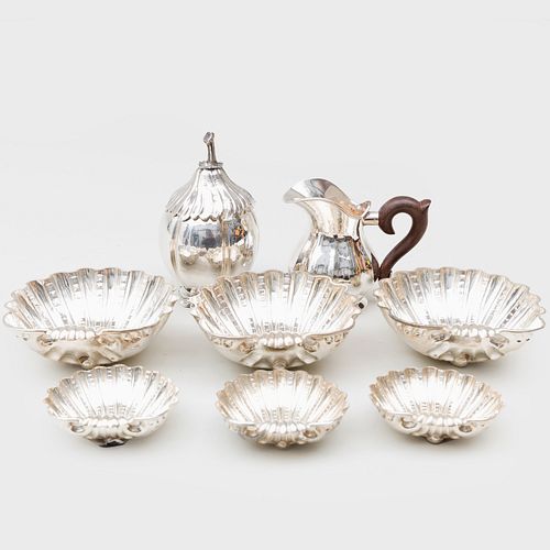 Group of Missiaglia Silver Shell Form Dishes and a Cream Jug, and a Fruit Form Preserve Jar