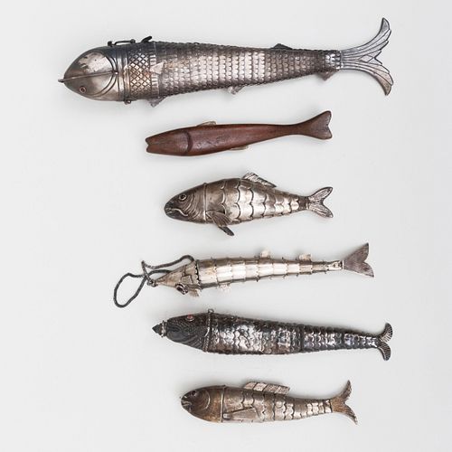 Continental Silver Fish Form Spice Box and a Group of Four Articulated Models of Fish 