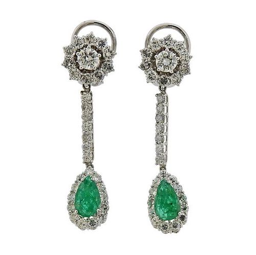 18K Gold Diamond Emerald Drop Earrings