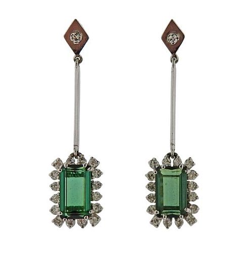 18K Gold Diamond Green Stone Drop Earrings