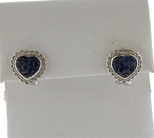 18K Gold Diamond Sapphire Heart Earrings