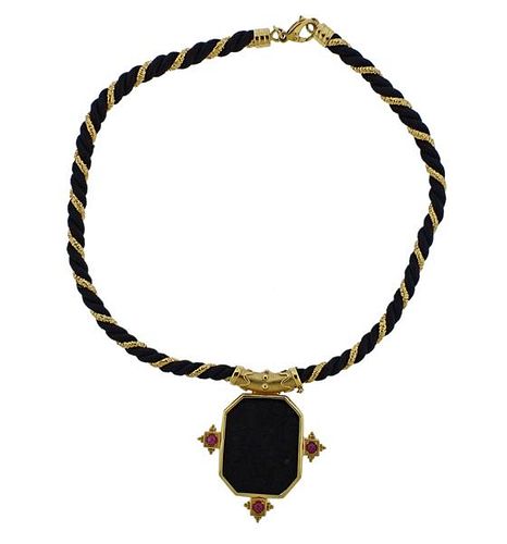 14K Gold Onyx Intaglio Ruby Cord Necklace