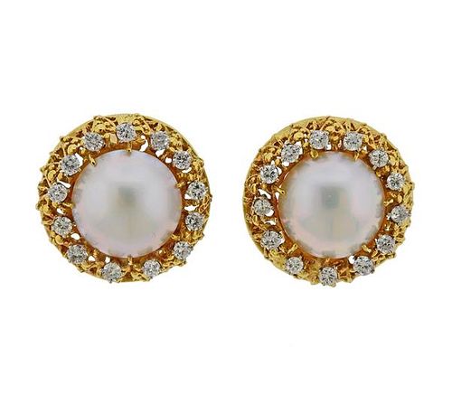 14K Gold Diamond Mabe Pearl Earrings