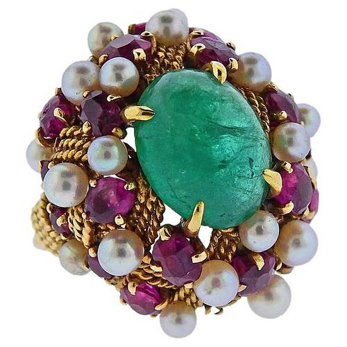 1960s Emerald Cabochon Ruby Pearl 18k Gold Cocktail Ring