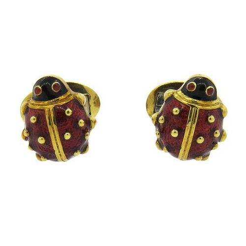 Hidalgo Red Enamel Garnet 18k Gold Ladybug Cufflinks