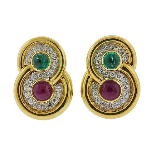 David Webb 18k Gold Platinum Diamond Emerald Ruby Earrings 
