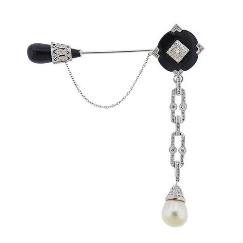 Art Deco Style 18k Gold Diamond Onyx Pearl Jabot Brooch Pin