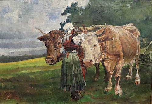 UNSIGNED OIL ON CANVAS  YOUNG LADY WITH COWS