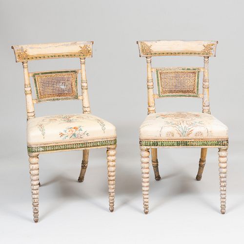 Pair of Continental Painted and Caned Side Chairs