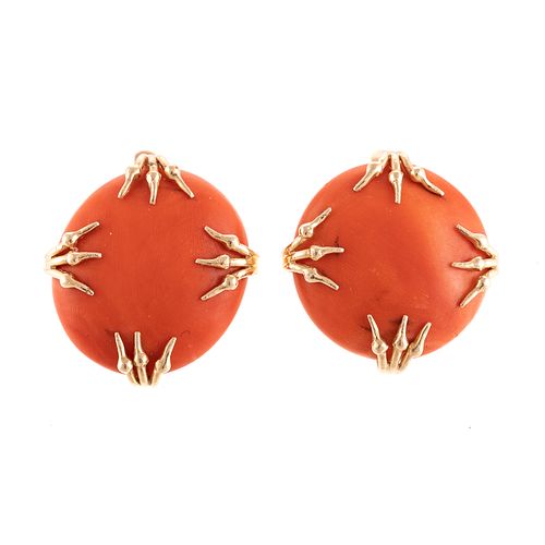 A Pair of Russian Coral Button Earrings in 14K