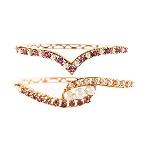 A Collection of Pearl & Ruby Bangles in 14K