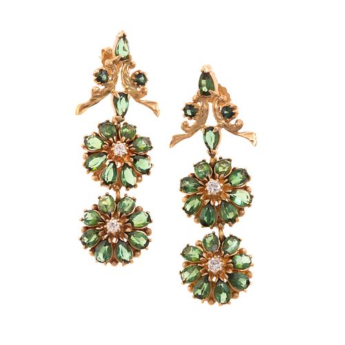 A Pair of Drop Green Tourmaline & Diamond Earrings
