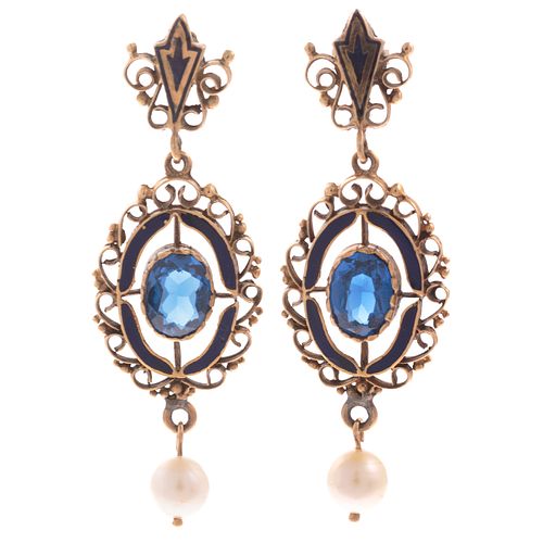 A Pair of Sapphire, Pearl & Enamel Drop Earrings