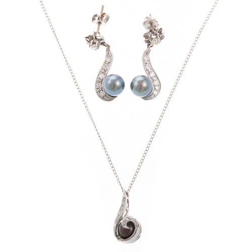 A Diamond & Tahitian Pearl Pendant & Earrings