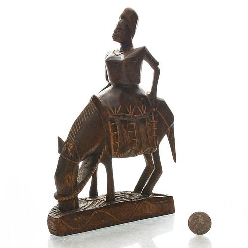 VINTAGE AFRICAN WOODEN FIGURE, WOMAN ON DONKEY