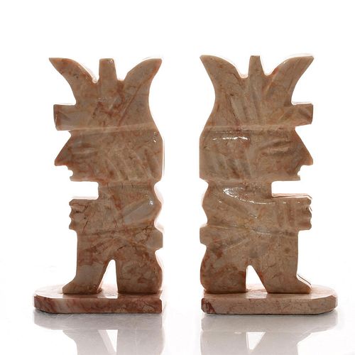 MARBLE BOOKENDS, MAYAN OR AZTEC FIGURAL STYLE