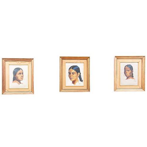 Lote de 3 obras pictóricas. Luis Solleiro. Retratos de mujeres indígenas. Firmados. Óleo sobre tela sobre tabla. 34 x 26 cm.