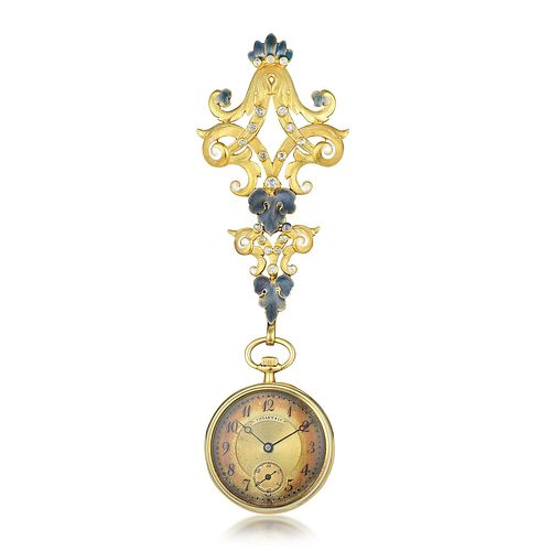Tiffany & Co. Art Nouveau Diamond and Enamel Pocket Watch Brooch