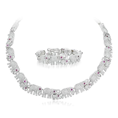 Diamond and Ruby Elephant Necklace and Bracelet Set