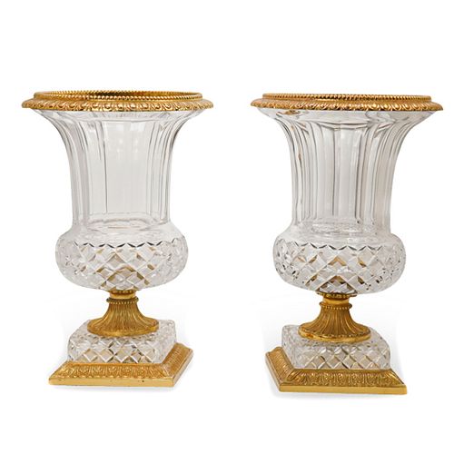 Pair of Gilded Bronze Mounted Cut Crystal Urns