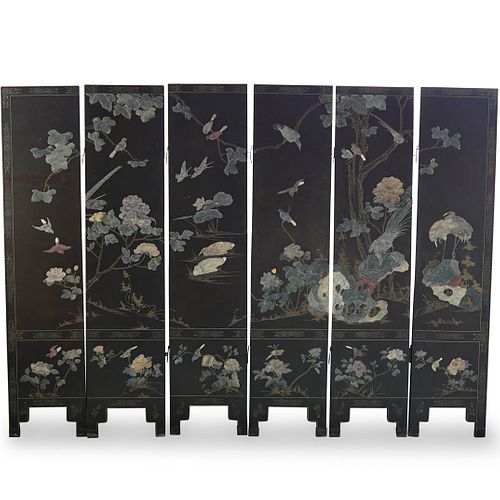 (6 Pc) Chinese Wood and Hardstone Panel Screen