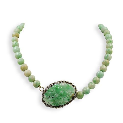 Chinese Jade and Sterling Beaded Necklace