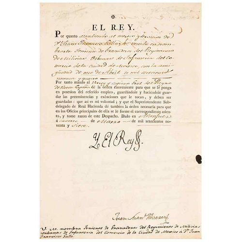 I, the King (Charles III). Decree. "Por quanto atendiendo al mérito y servicios de D. Juan Francisco Gallo; Aranjuez: 1797.