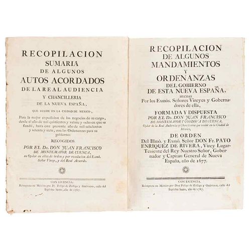 Montemayor y Cordova de Cuenca, Juan Francisco. Recopilación Sumaria de Autos / Recopilación de Algunos Mandamientos. México1787. Pzs.2