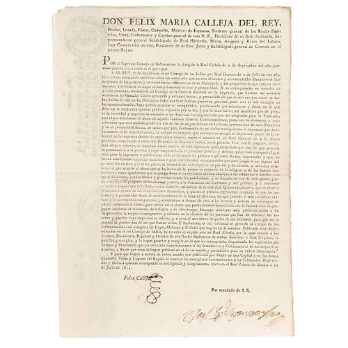 Calleja del Rey, Félix María. Bando. Se Prohíbe Fijar Carteles, Distribuir Anuncios, Imprimir Diario Escrito... México 22 de Jul. 1815.