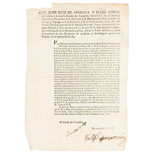 Ruíz de Apodaca, Juan. Bando: El que se resista a jurar la Constitución de La Monarquía, es indigno español. Méjico a 18 de Sep. 1820