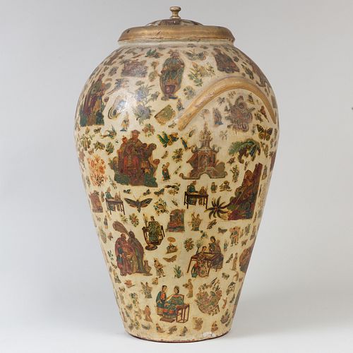 Large Decalcomania Decorated Ceramic Urn