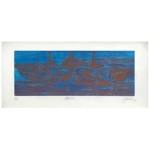 GABRIEL MACOTELA, Barco, Signed and dated 17, Aquatint 21 / 30, 9 x 23.2" (23 x 59 cm)