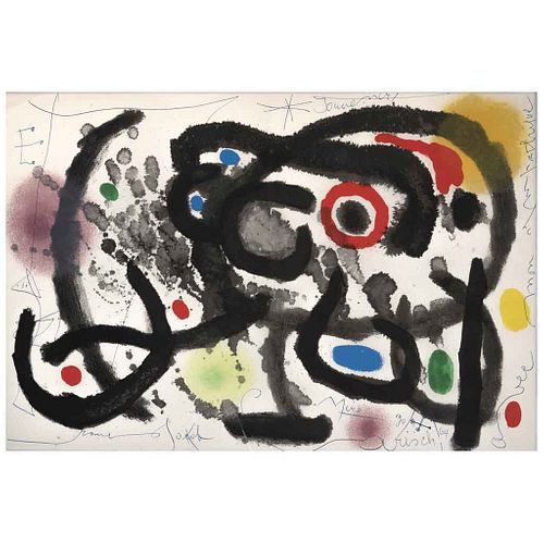 JOAN MIRÓ,De la carpeta Derrière le Miroir - Joan Miró:Céramique Murale Pour Harvard,1961, Signed and dated 64, Screenprint, 14.5 x 21.6 (37 x 55 cm)