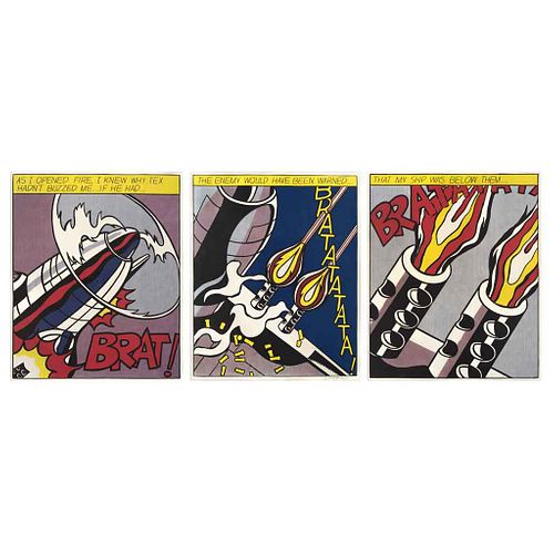 ROY LICHTENSTEIN, As I opened fire, 1966, Signed, Offset Screenprints, Triptych, 24 x 19.6" (61 x 50 cm) each, Pieces: 3
