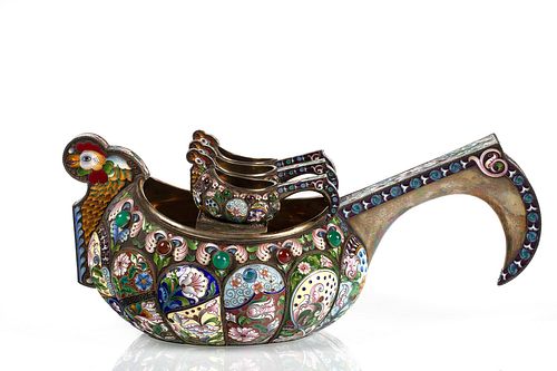 A RUSSIAN FABERGE-STYLE SILVER AND SHADED CLOISONNE ENAMEL FIVE-PIECE KOVSH SET, LATE 20TH CENTURY