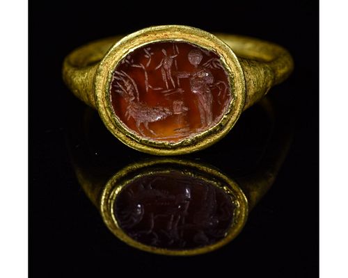 ROMAN GOLD INTAGLIO RING with APOLLO, ROOSTER AND VICTORY