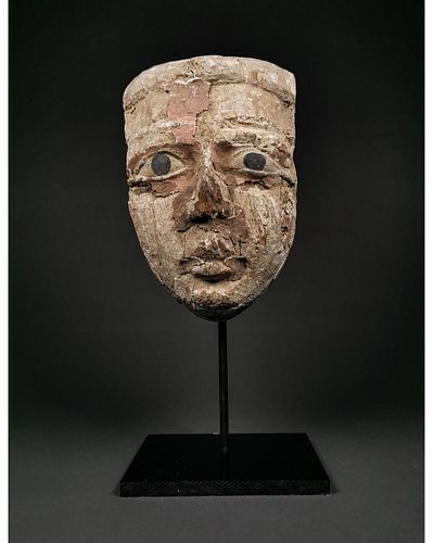 EGYPTIAN WOODEN MASK WITH BRONZE EYES